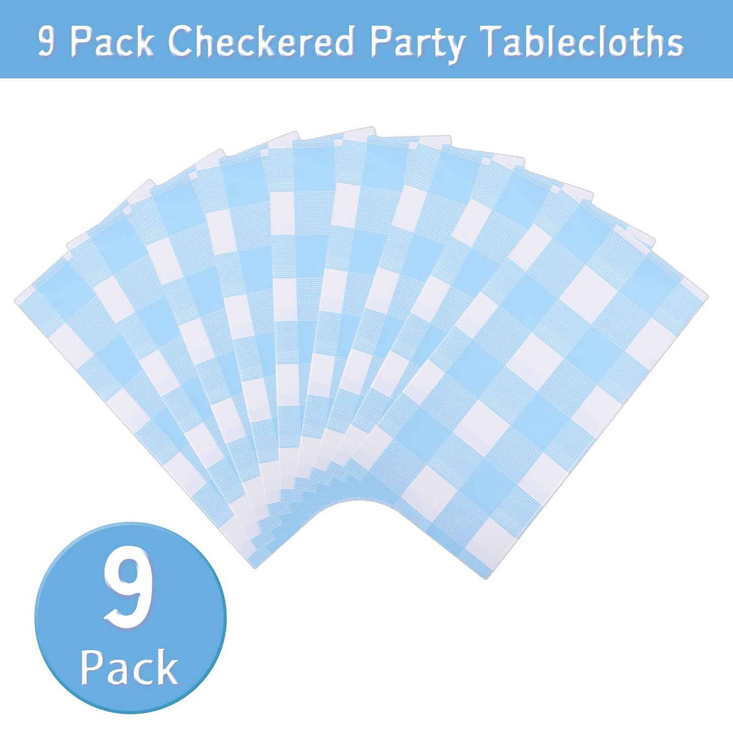 Kesfey 9 Packs Light Blue Gingham Tablecloth Pale Blue and White Checkered Tablecloths 54 x 108 Inches Disposable Plastic Gingham Tablecovers Waterproof Rectangle Picnic Table Cover for Birthday Party