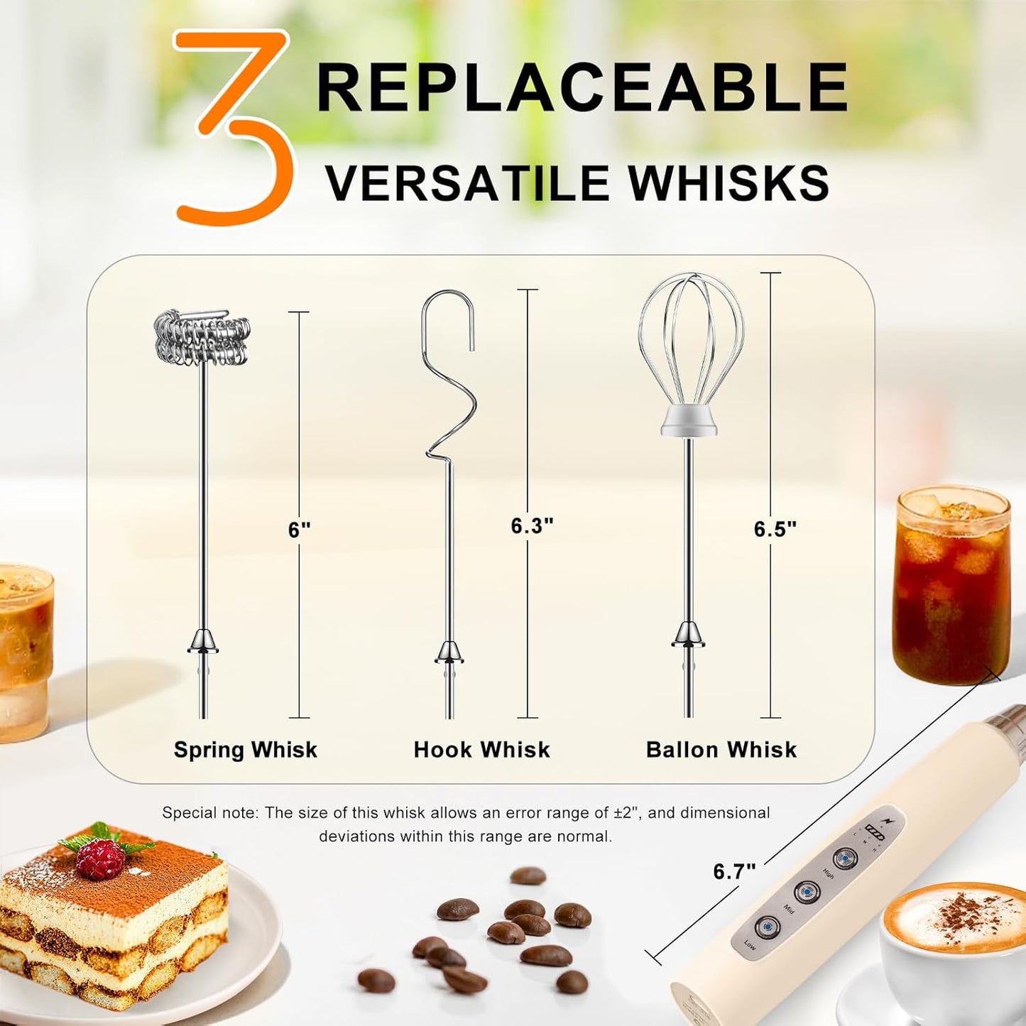YUSWKO Handheld Milk Frother - Rechargeable Electric Whisk with 3 Heads & 3 Speeds for Lattes, Cappuccinos & More
