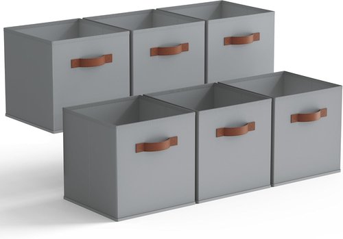 Granny Says 11-Inch Cube Storage Bins - 6 Pack Foldable Fabric Organizers with PU Handles | Grey