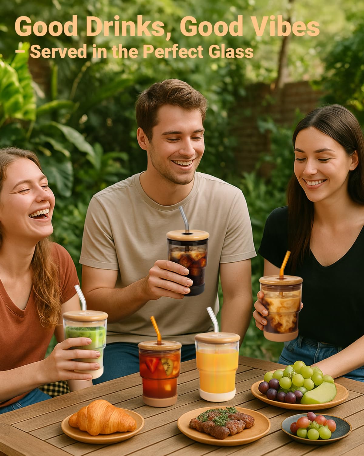 Zukro 13 oz/400ml Glass Cups with Bamboo Lid and Straw, Thick Wall Reusable Glass Tumbler for Iced Coffee, Tea, Matcha, Water Glasses for Home, Office, Non-Slip & BPA Free, Amber & Shrimmer