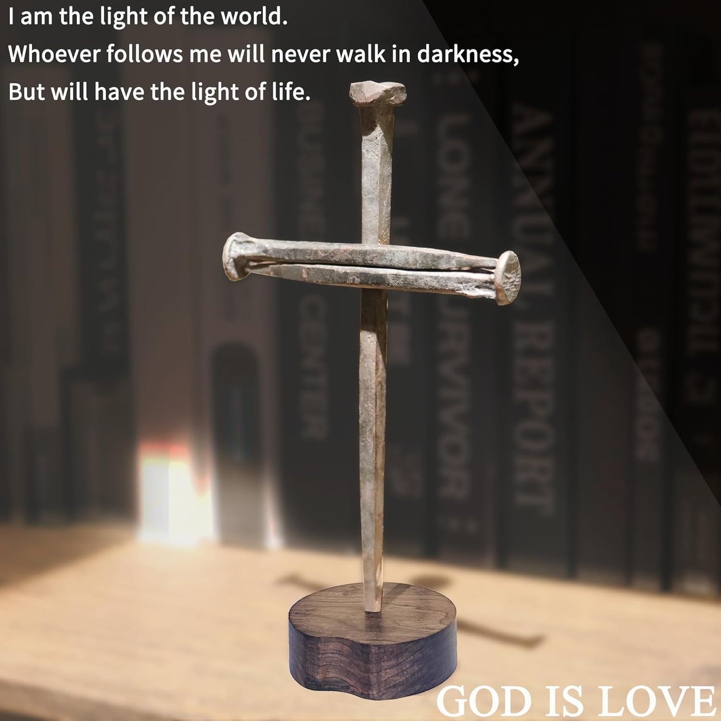 LeMeeOly Metal Cross with Wooden Base - Jesus Christ Crucifixion | Perfect Religious Gift for Mom & Home Decor