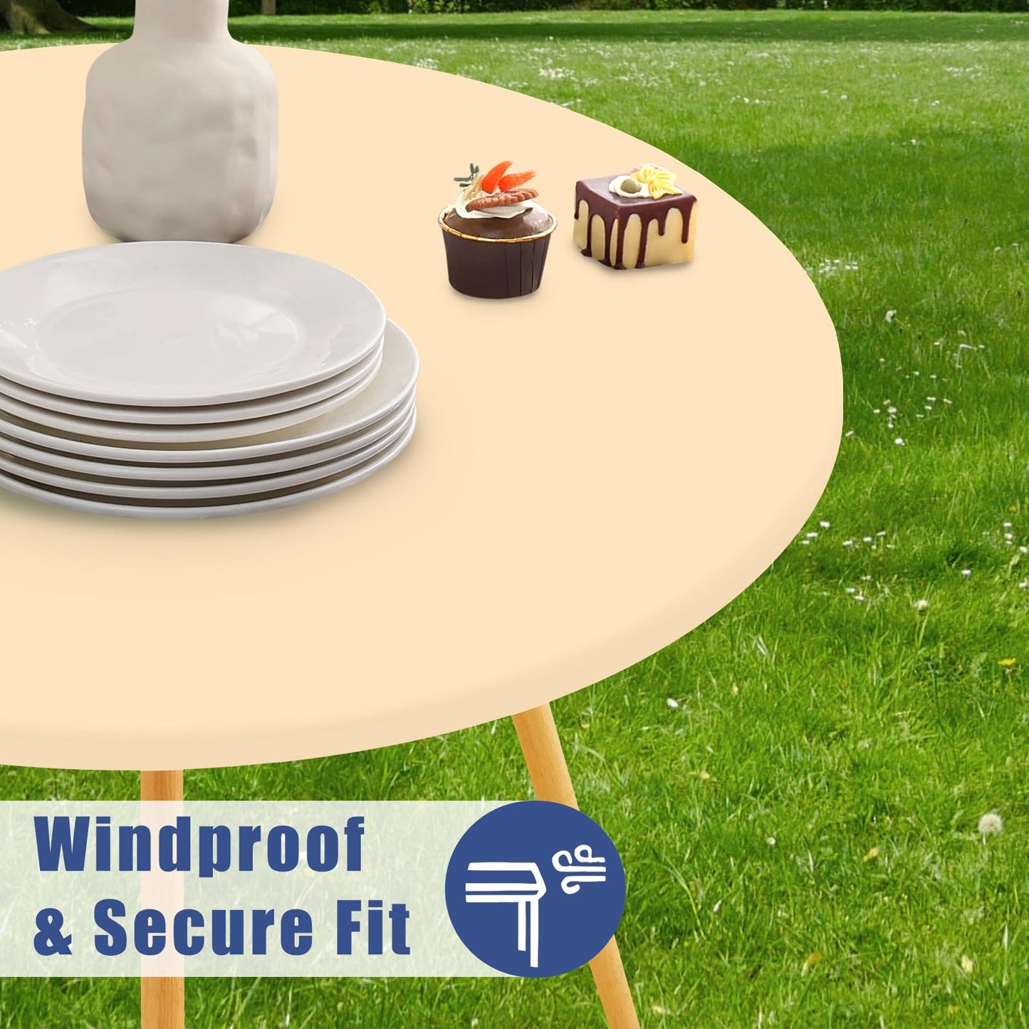 Moosfor Round Spandex Tablecloth, Elastic Fitted Waterproof Tablecloths for 57"-68" Tables, Stretch Washable Picnic Table Cover for Camping, Dining, Indoor and Outdoor,Ivory