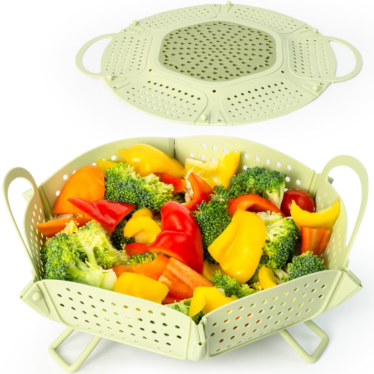Large Collapsible Silicone Steamer Basket, Folding Silicone Vegetable Steamer Basket With Handles, BPA Free, Expandable for Pot, Non Slip Feet, Compact Storage, Dishwasher Safe