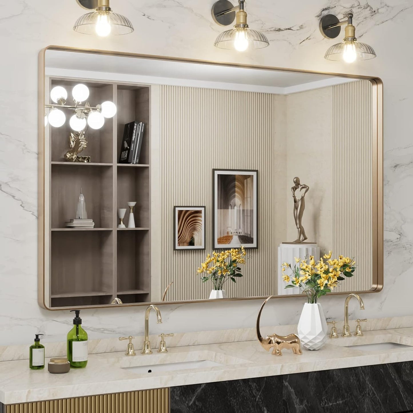 LOAAO Gold Bathroom Mirror - 60”X36” Rounded Rectangle Design | Wall-Mounted, Anti-Rust Tempered Glass