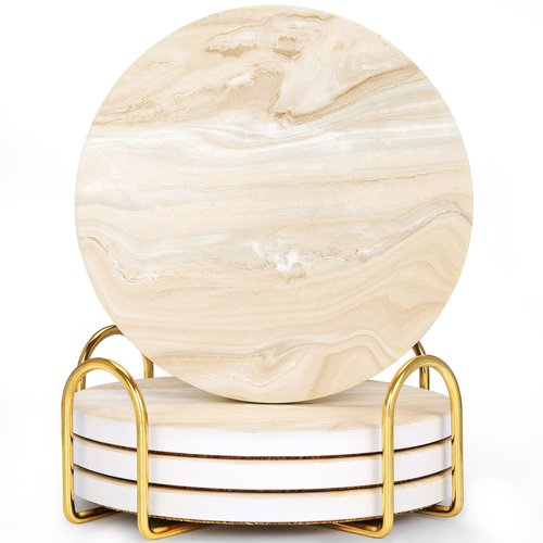 GOH DODD Coasters for Drinks Set of 4, Absorbent Marble Style Ceramic Coaster Cup Coasters Tabletop Protection Home Decor with Metal Holder for Housewarming Gifts Wedding Party, Gold, Round, 4 Inch