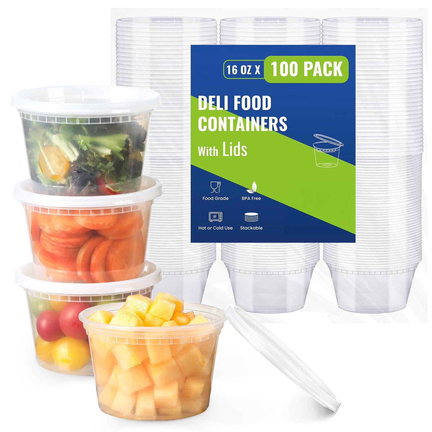 AOZITA 100 Sets 16 oz Plastic Deli Containers With Lids, Airtight Food Storage Containers, Freezer/Dishwasher/Microwave Safe, Takeout Meal Prep Storage