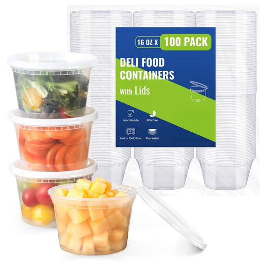 AOZITA 100 Sets 16 oz Plastic Deli Containers With Lids, Airtight Food Storage Containers, Freezer/Dishwasher/Microwave Safe, Takeout Meal Prep Storage