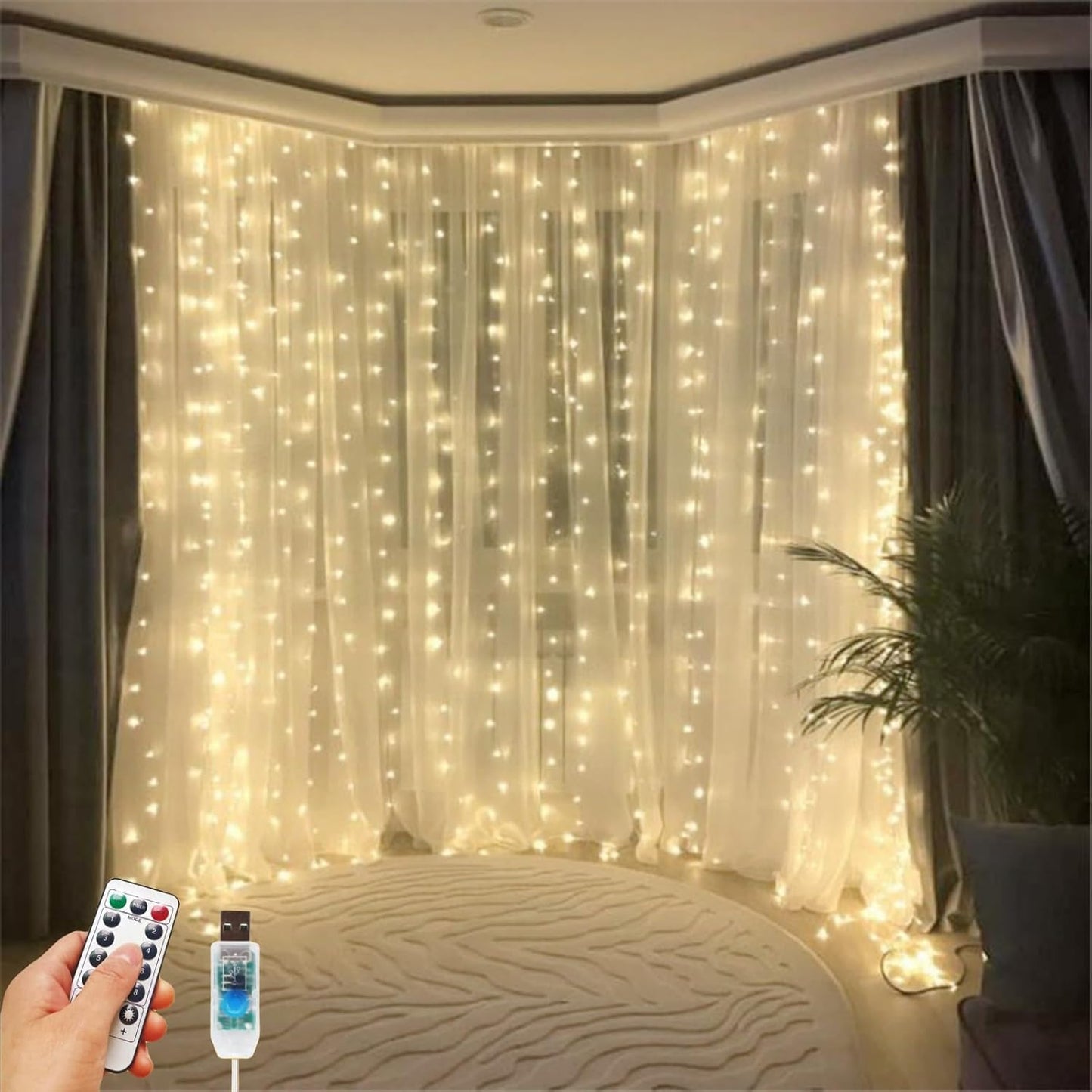 Skiennix 200 LED Fairy Curtain Lights - 6.6 x 6.6 FT Warm White with Remote & 8 Modes for Indoor/Outdoor Decor