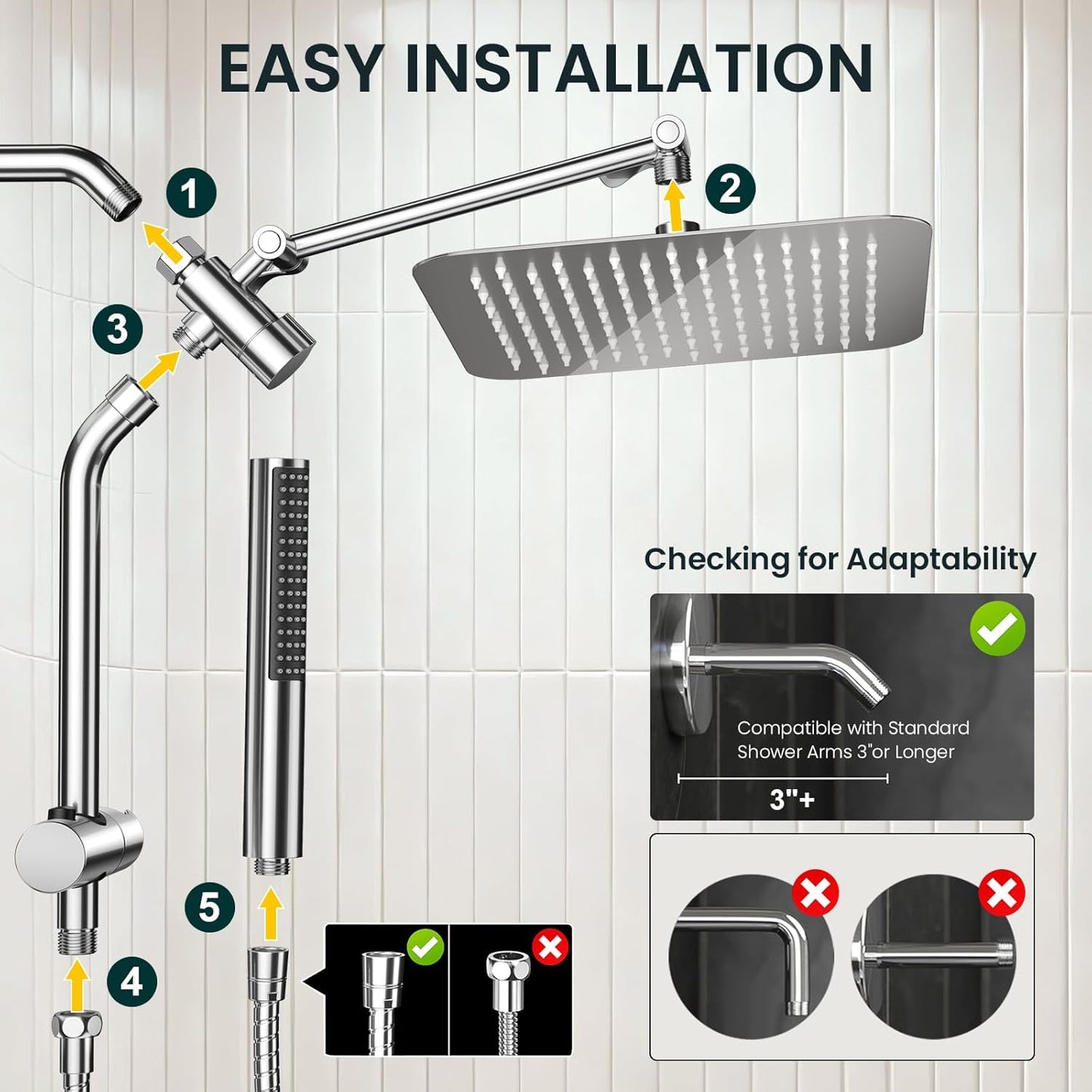 Veken 10" Luxurious Rain Shower Head - High Pressure Dual Showerhead with Handheld | Chrome Finish