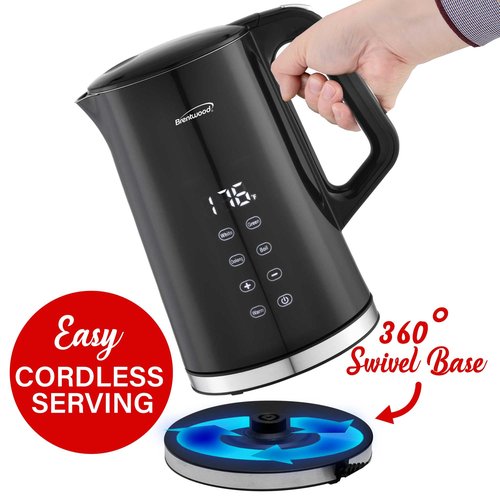 Brentwood 1100W 1.7L Cordless Cool Touch Digital Kettle with Stainless Steel Interior, Temperature Control with 4 Presets, 360° Base, Auto Shut-Off, Keep Warm, & Boil Dry Protection (Black, 7.2 Cups)