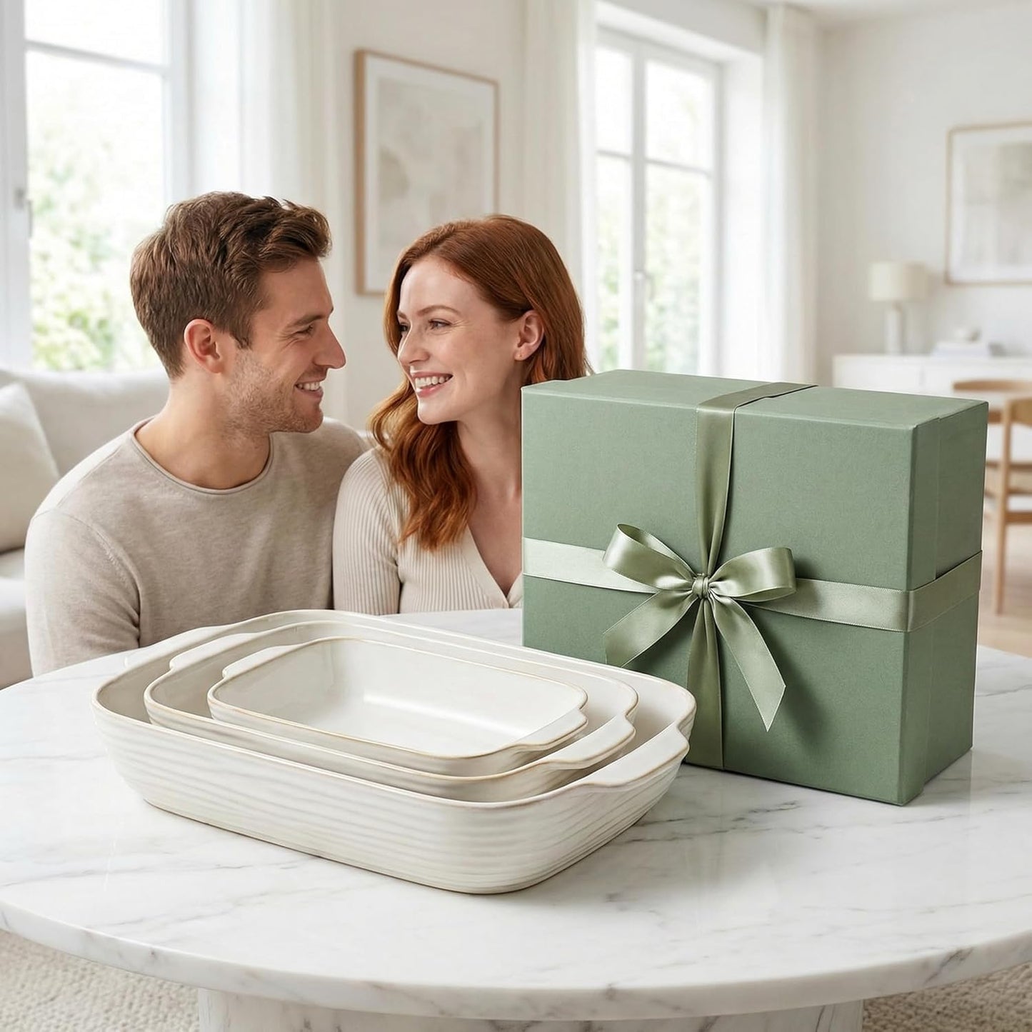 Regine Switzerland Baking Dish Set - Ceramic Casserole Dishes for Oven | 3 Rectangular Sizes in Arctic White