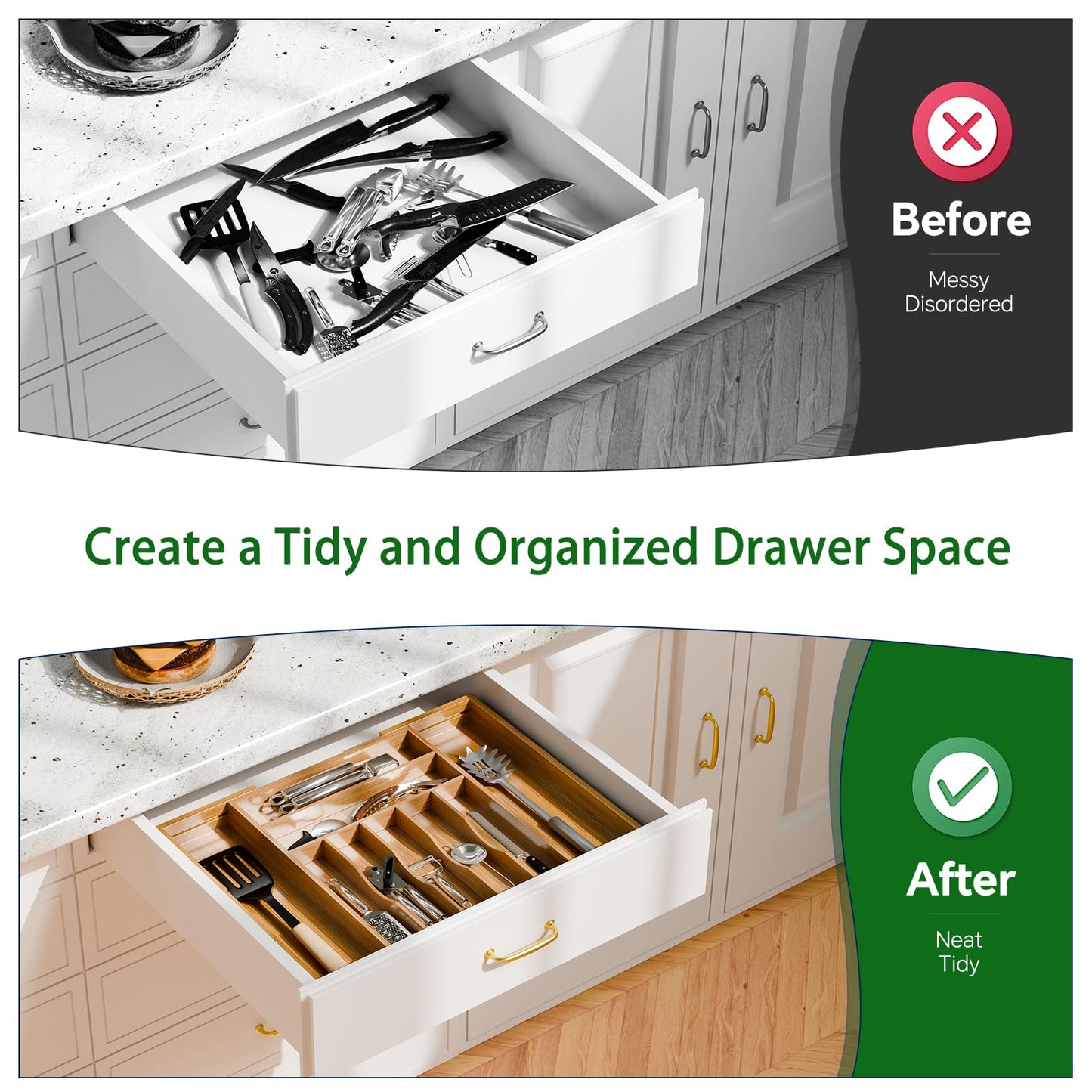 Simple Trending Bamboo Kitchen Drawer Organizer, Expandable Silverware Organizer, Utensil Cutlery Tray for Flatware, Natural