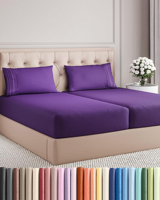 Split King Size 5-Piece Sheet Set - Comfy Cooling Bed Sheets | Luxury Hotel Quality - Deep Pockets, Soft, Wrinkle-Free - Oeko-Tex Certified - Purple