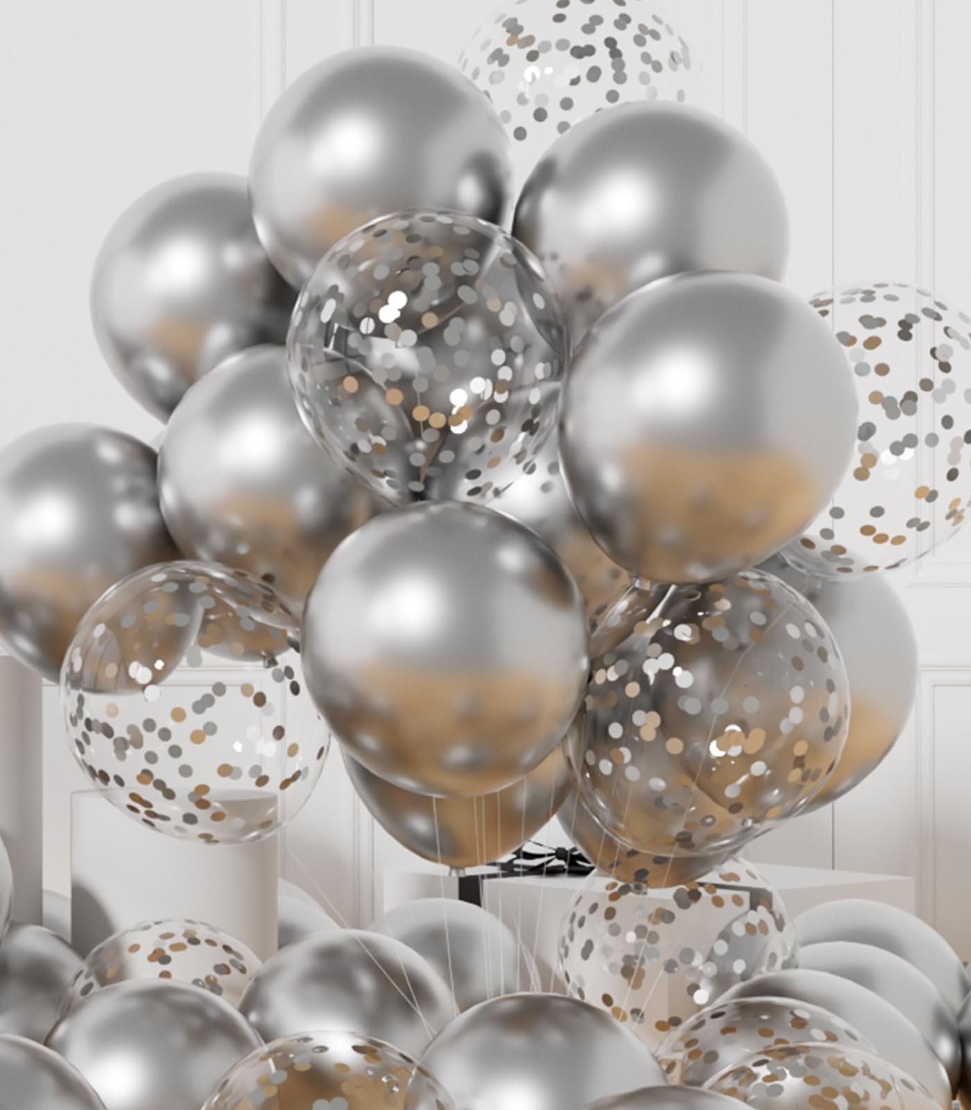 AULE Party Balloons Pack of 42 - Metallic Balloons & Confetti Balloons and 64ft Ribbons - 12 Inch Silver Balloons Decorations Set