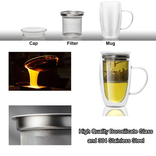 Almagic Double Wall Glass Tea Mug with Infuser and Lid, 14 oz / 400 ml Borosilicate Glass Tea Cup with 304 Stainless Steel Fine Mesh Infuser, Durable Insulated Tea Cup, Gift for Tea Lovers