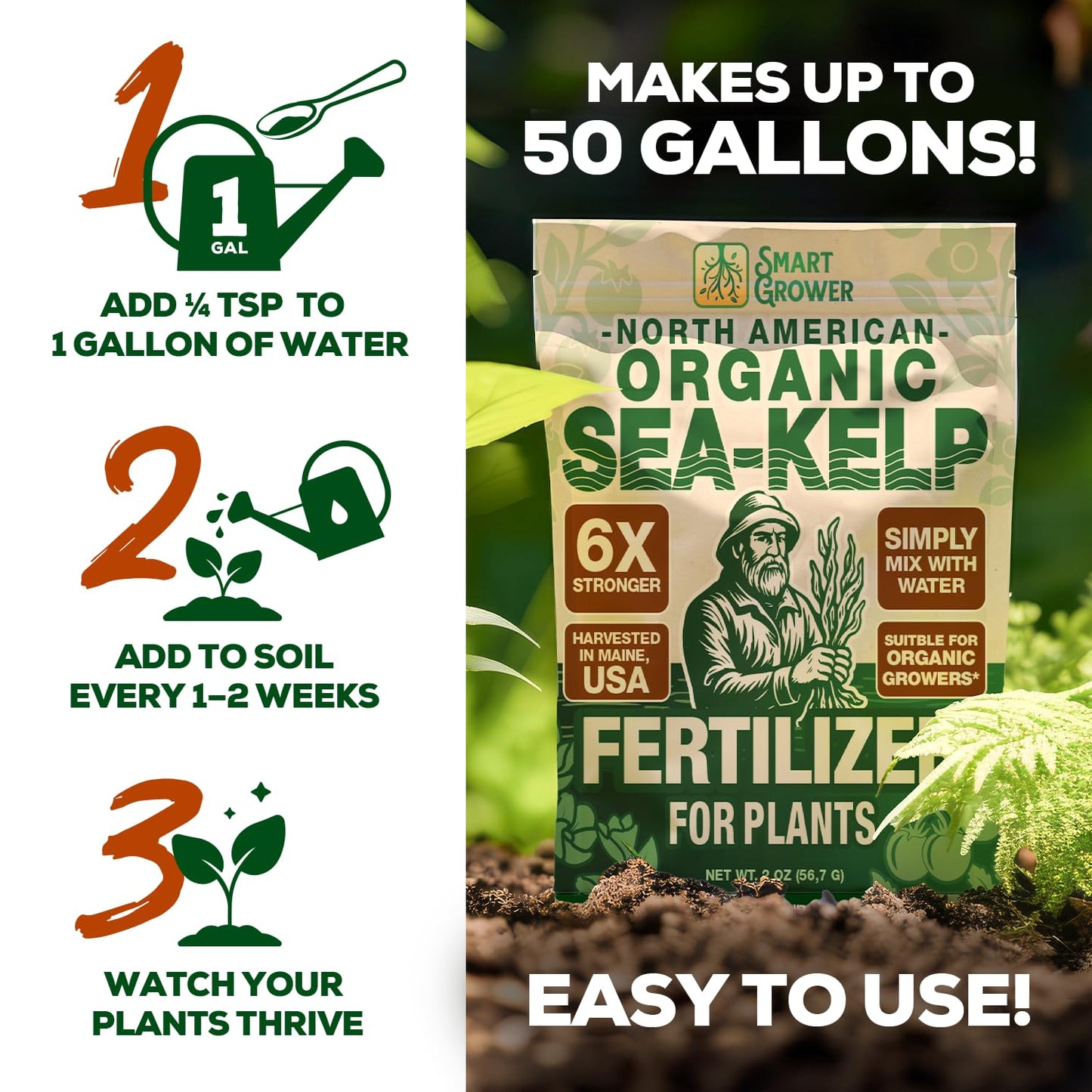 Smart Grower Organic Sea Kelp Fertilizer - Water-Soluble Plant Food for Indoor Gardens | 2oz Bag Makes 50 Gallons