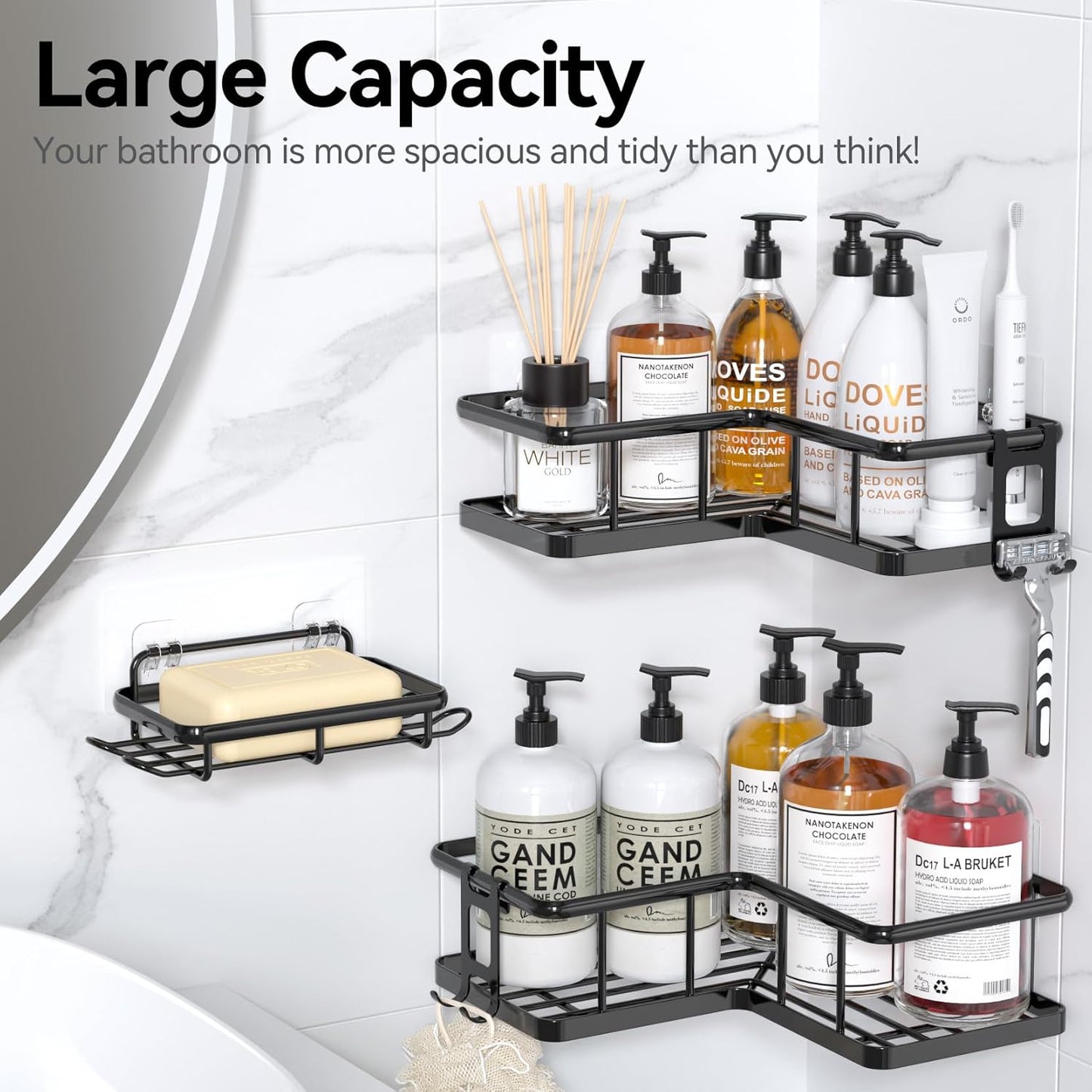 YASONIC Shower Caddy Corner - 3-Pack Rustproof Stainless Steel Shelves with Soap Holder | No-Drill Organizer for Dorms & Rentals, Black