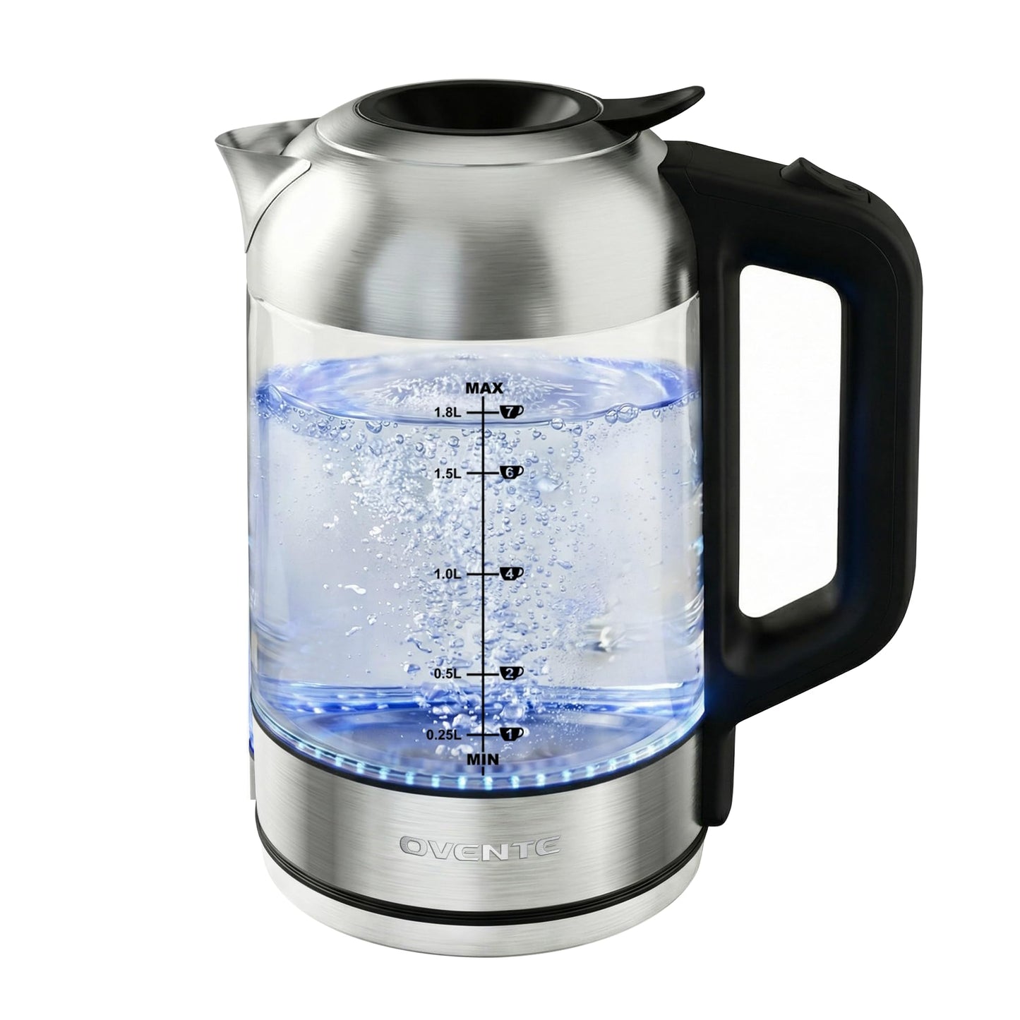OVENTE Electric Kettle, 1.8L Glass Tea Kettle & Stainless Steel BPA-Free Cordless Electric Kettle, 1500W Fast Boil Electric Pot with Easy-Fill Lid, Auto Shut-Off & Boil Dry Protection, Silver KG751S
