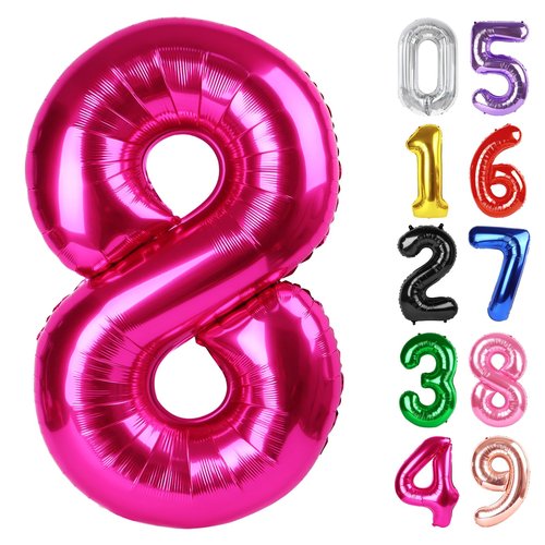 Hot Pink Number 8 Balloon 40 Inch, 8th Birthday Party Decorations for Children, Giant 8 Foil Balloon for Party Supplies