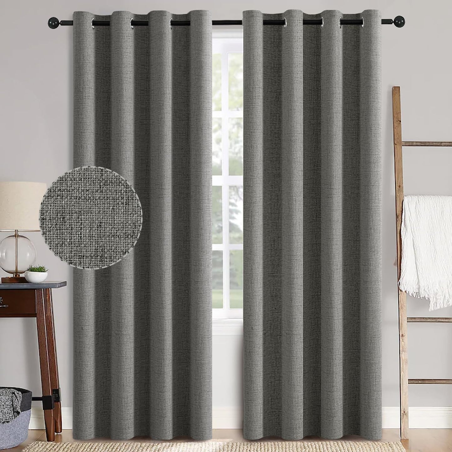 MIULEE 90-Inch Dark Grey Linen Texture Curtains - 100% Blackout, Thermal Insulated | Luxury Room Darkening Decor (2 Panels)