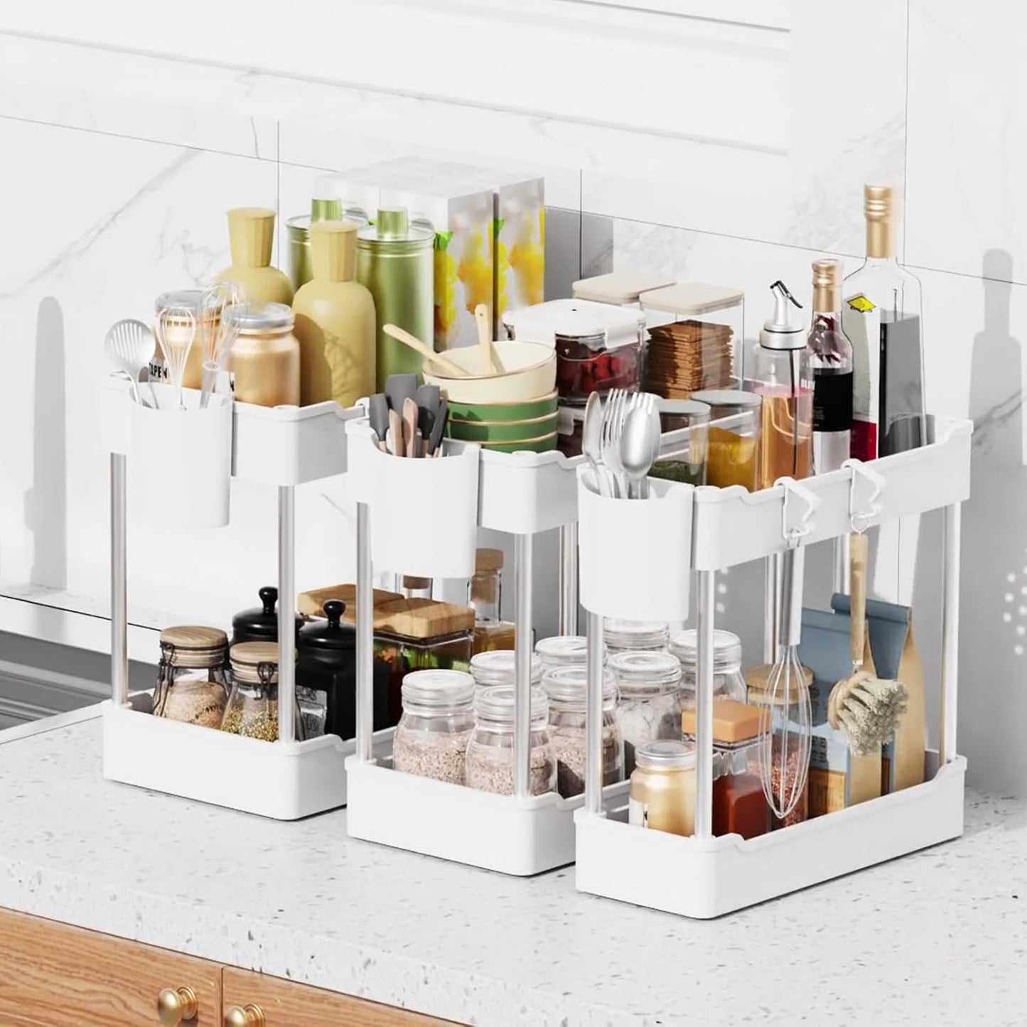 Skiennix 3 Pack Under Sink Organizers - 2 Tier Bathroom Cabinet Shelf with Hanging Cups | White