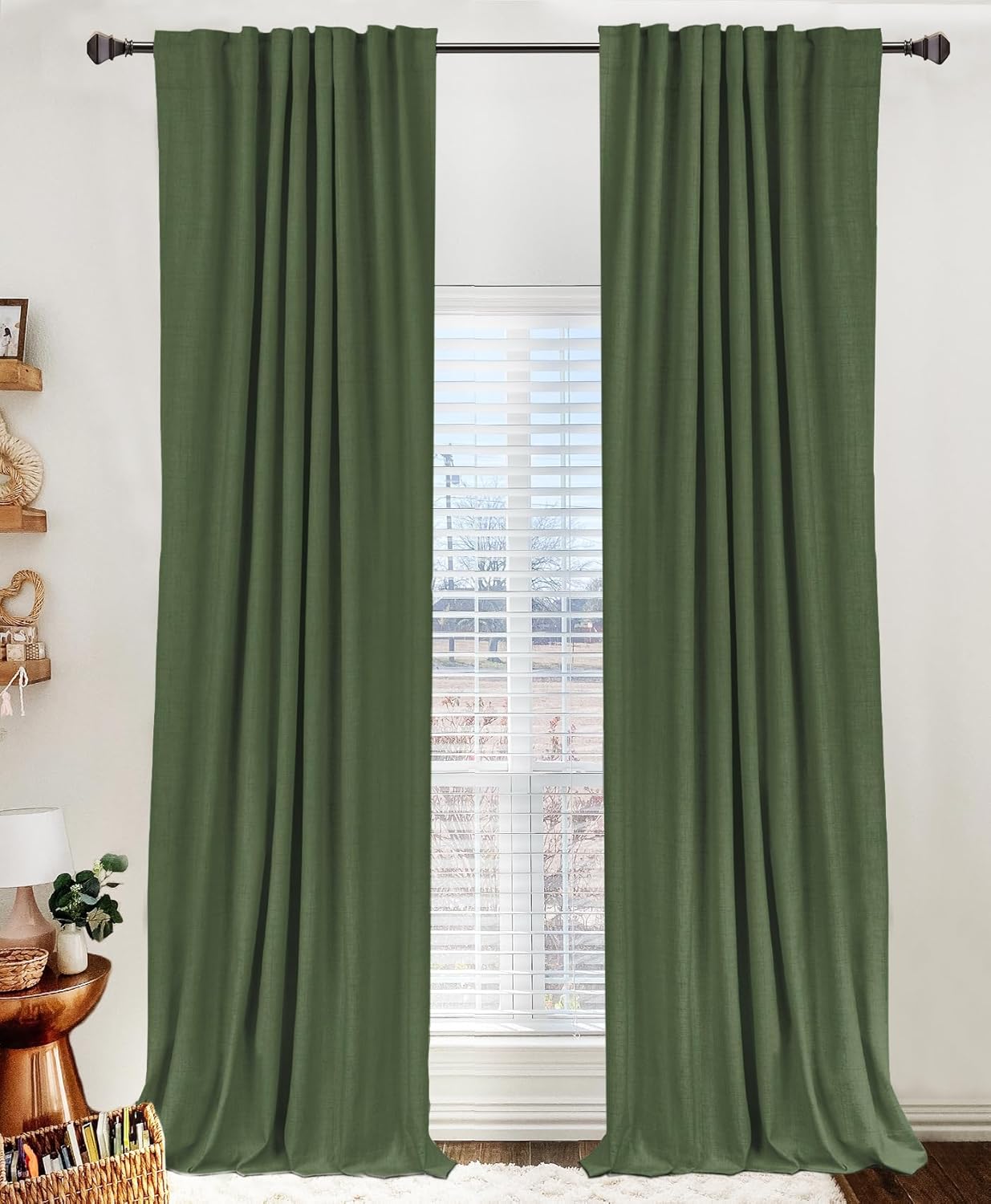 Skiennix 100% Blackout Linen Curtains - Thermal Insulated Drapes for Bedroom | 50" W x 96" L, Moss Green