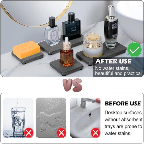 Diatomite Coasters by Regine Switzerland - Quick-Drying Water Absorbing Stone Tray Set (4PCS) for Bathroom & Kitchen