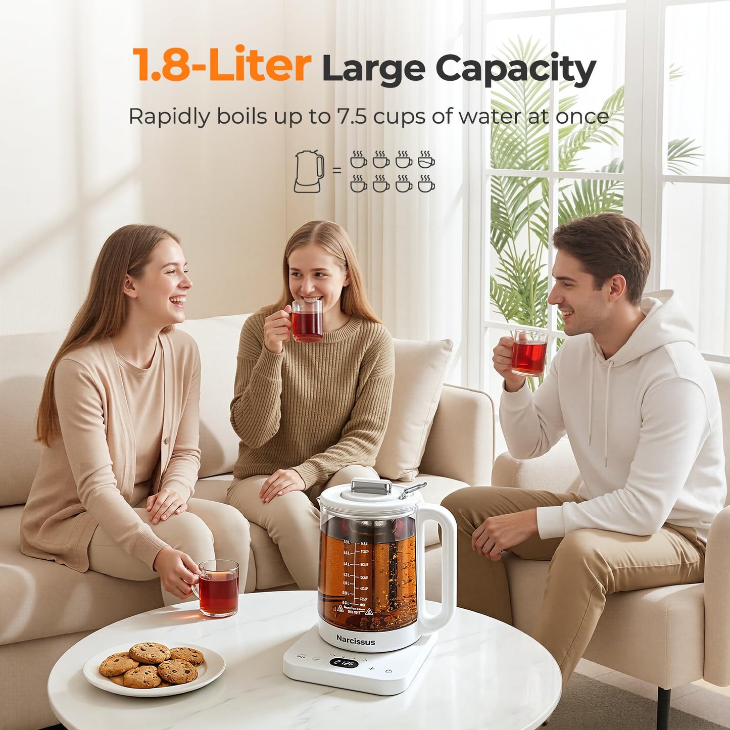 Narcissus Electric Kettle Temperature Control ±5℉, 1.8L Glass Electric Tea Kettle with Removable Infuser for Flowers & Fruit Tea, 1200W Fast Boiling, 6 Hours Keep Warming, White