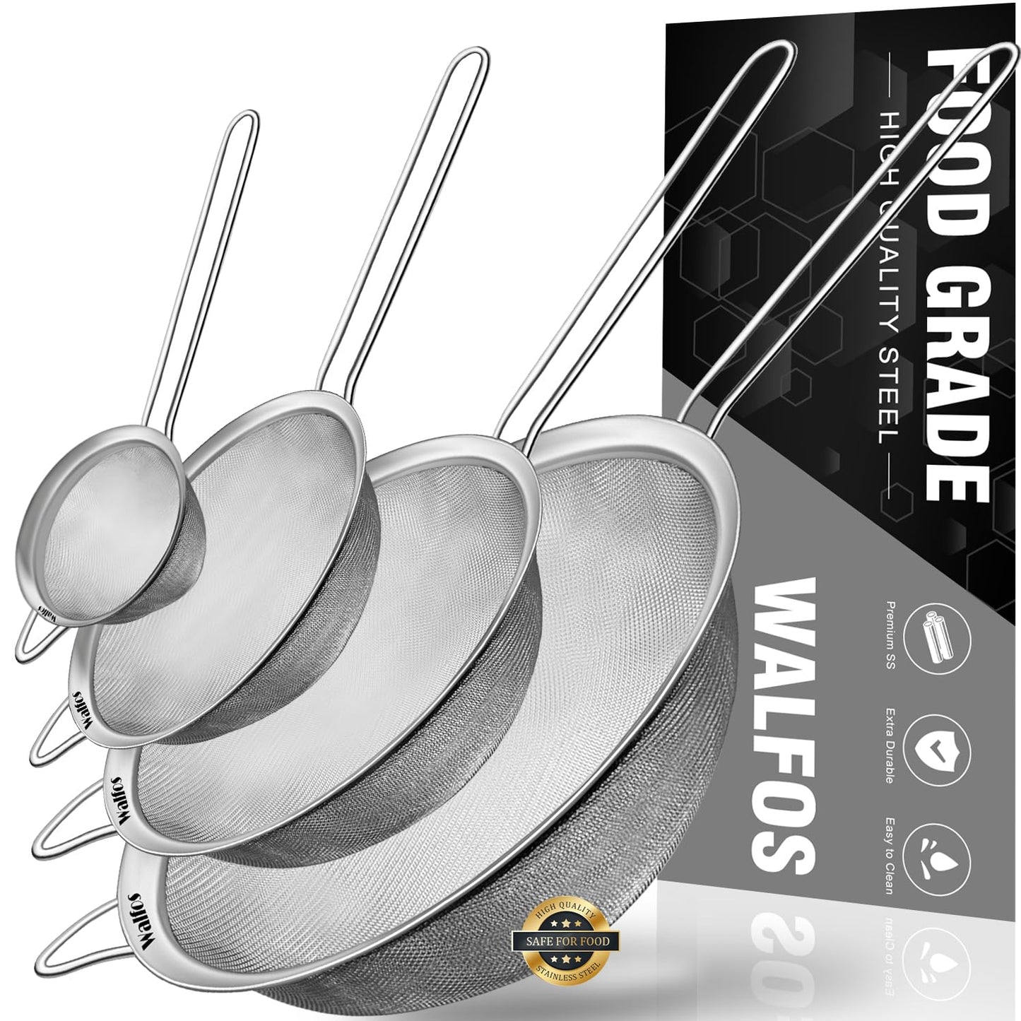 Walfos Extra Fine Mesh Strainer Set of 4-9.35", 6.95", 4.6", 2.7", Stainless Steel 30 Mesh Sieve with Sturdy Handle, Kitchen Food Strainers Sifters for Quinoa, Pasta, Fruits, Vegetables, Rice, Tea