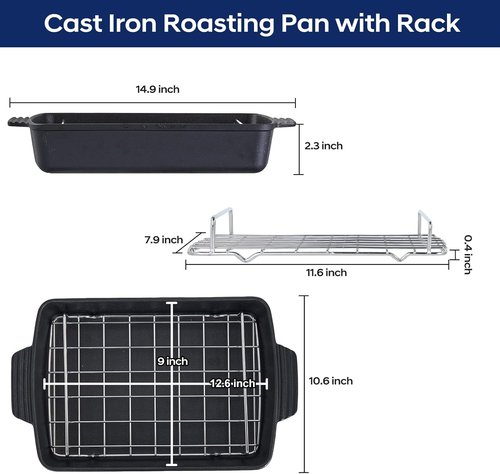 Cast Iron Roasting Pan - Heavy Duty Turkey Roaster with Rack | 9 x 12.6 Inch, Induction Compatible