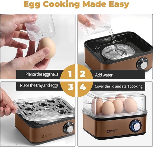Annie & Mia Design Stainless Steel Egg Cooker - 8 Egg Capacity, 500W, Auto Shut-Off, Recipe Guide (Gold)