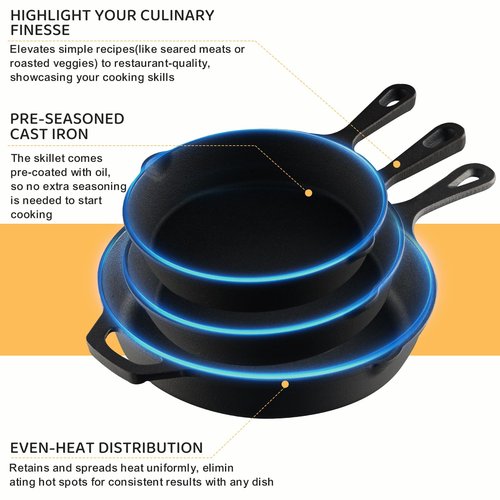 EWFEN Cast Iron Skillet 3-Piece Set, Heavy-Duty Professional Restaurant Chef Quality Pre-Seasoned Pan Cookware Set, 6", 8", 10" Pans For Frying, Saute, Cooking, Use Indoor/Outdoor, Oven, Grill