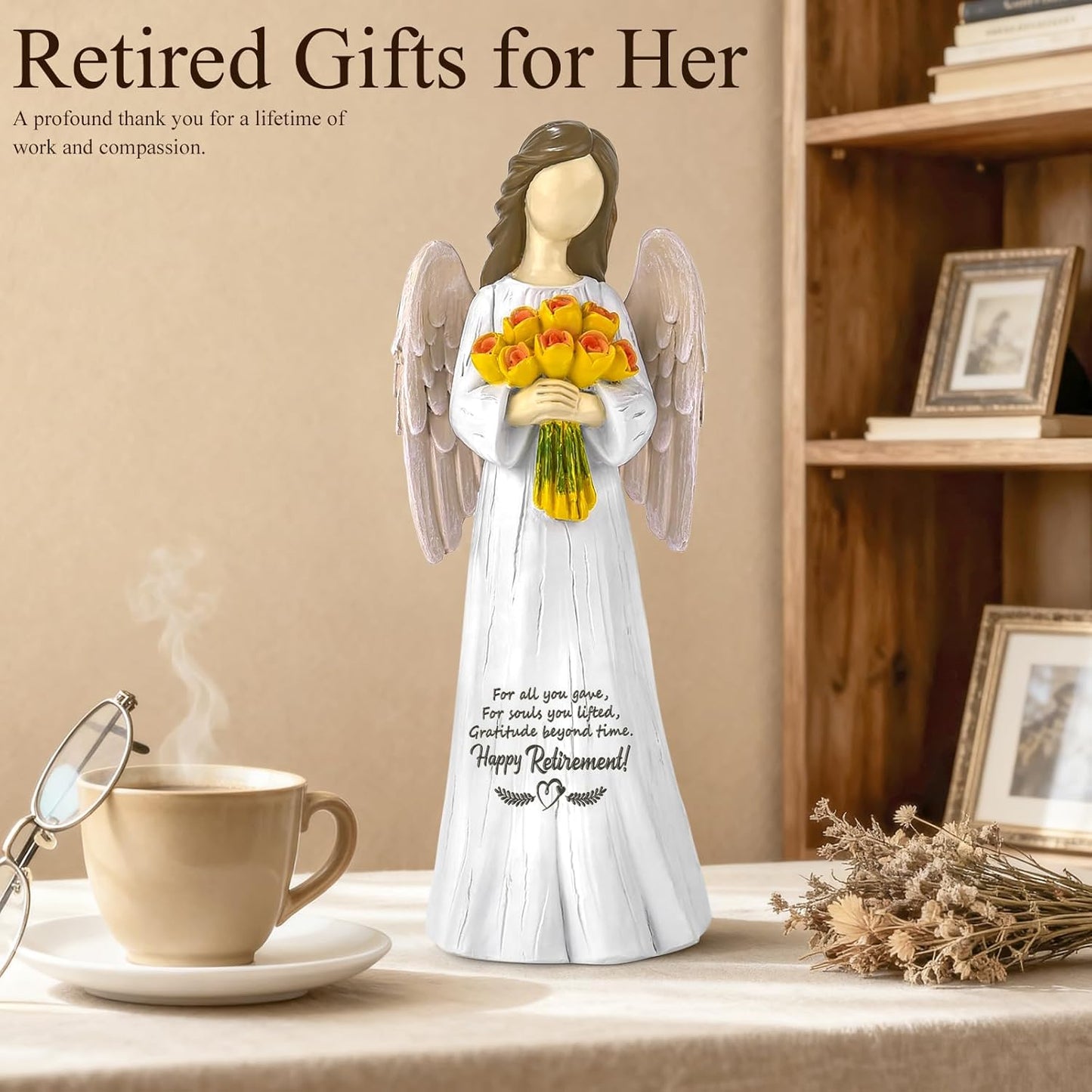 Sentimental Retirement Gifts for Women -Angel Figurine Retired Gifts for Teacher, Leader, Nurse, Coworker, Boss, Friends, Happy Retirements Hand-Painted Angel Statue with Flowers 7"