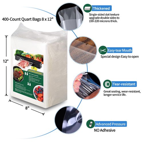 AENTGIU 400 Vacuum Sealer Storage Bags, 8x12 Inch Seal a Meal Bags, BPA Free Quart Bags, Compatible with All Heat Vacuum Sealers Machine, Heavy Duty, Great for vac storage, Meal Prep or Sous Vide