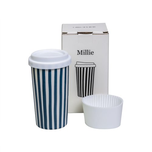 GIROFLIER Ceramic Travel Mug with Lid (12 oz) – Cute Aesthetic Coffee Cup for Women & Men, Microwave & Dishwasher Safe, Spill-Resistant To Go Tumbler, Fits Car Cup Holder (Blue)