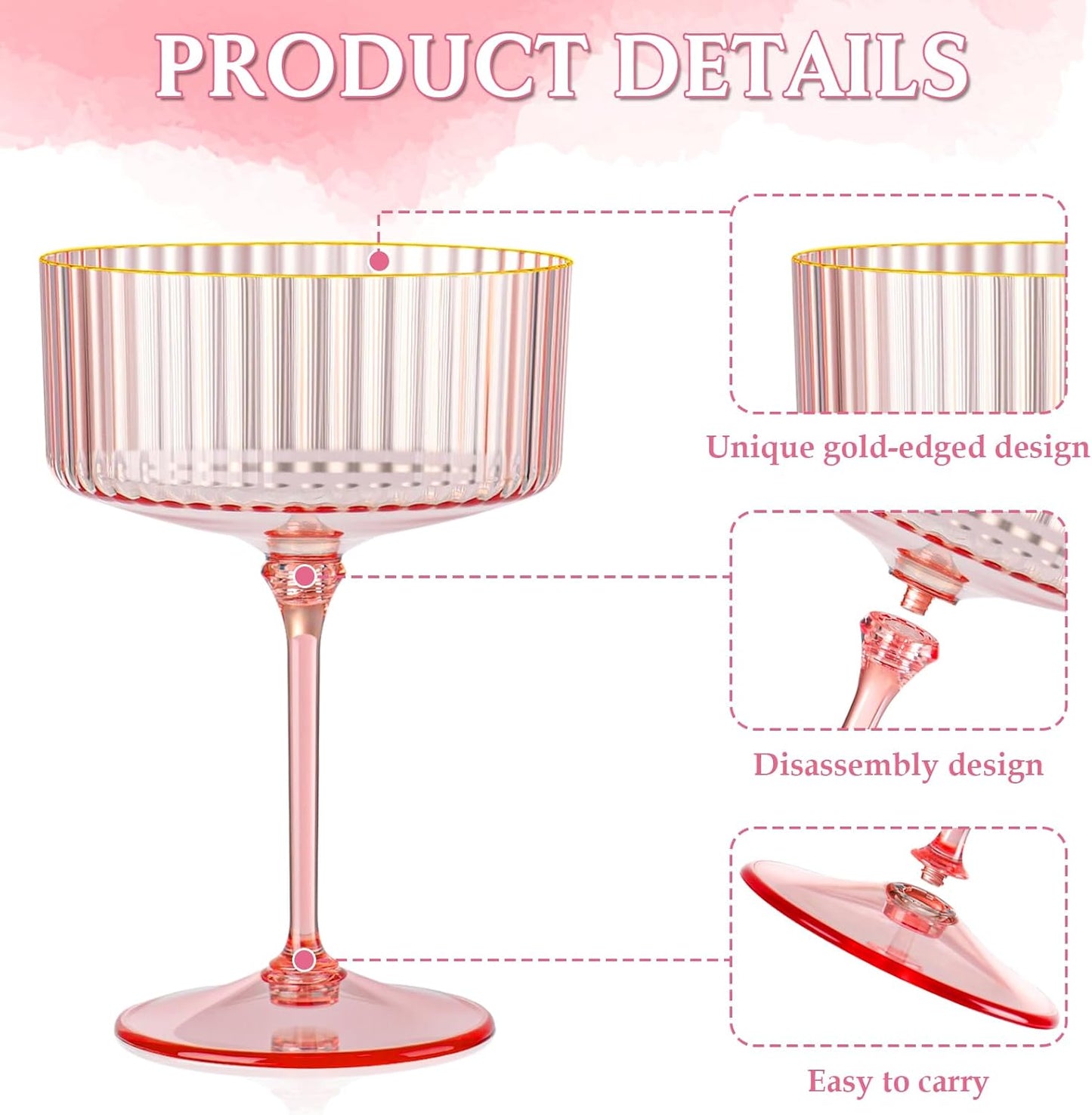 Skiennix 12 PCS Pink Ribbed Coupe Glasses - 10oz Vintage Cocktail Glassware with Gold Rim for Weddings & Parties