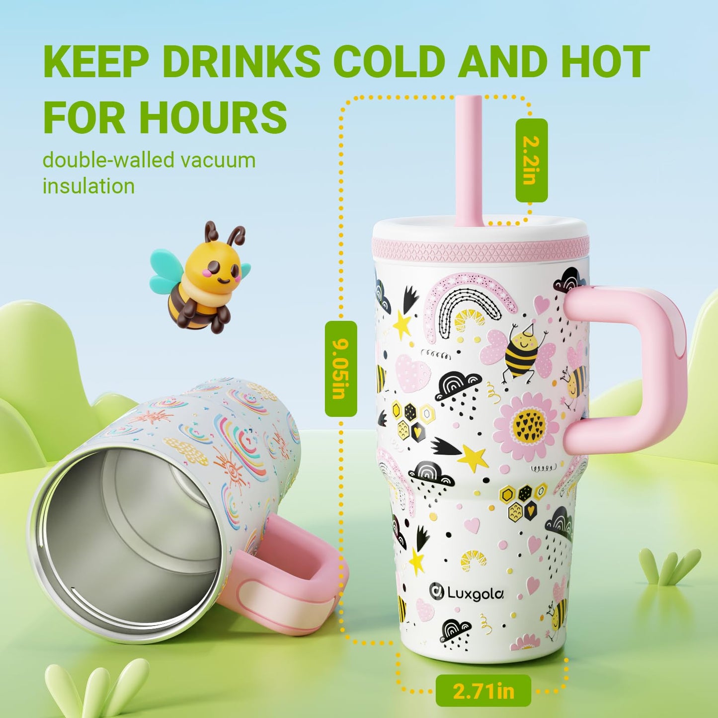 Luxgola Kids 20 oz Tumbler with Handle, Leak-Proof Screw-On Lid with Removable Silicone Straw, Spill Proof, Reusable Stainless Steel Insulated Water Bottle, Gifts for Boys and Girls, Rainbow