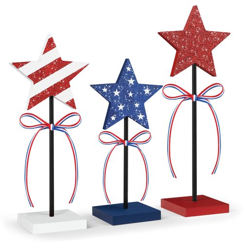 Hedeey 4th of July Tiered Tray Decor Wooden Star Set, 3 Pcs Memorial Day Table Decorations, Rustic Patriotic Tabletop Home Decor, Red White and Blue Decorations for Home (Shiny)