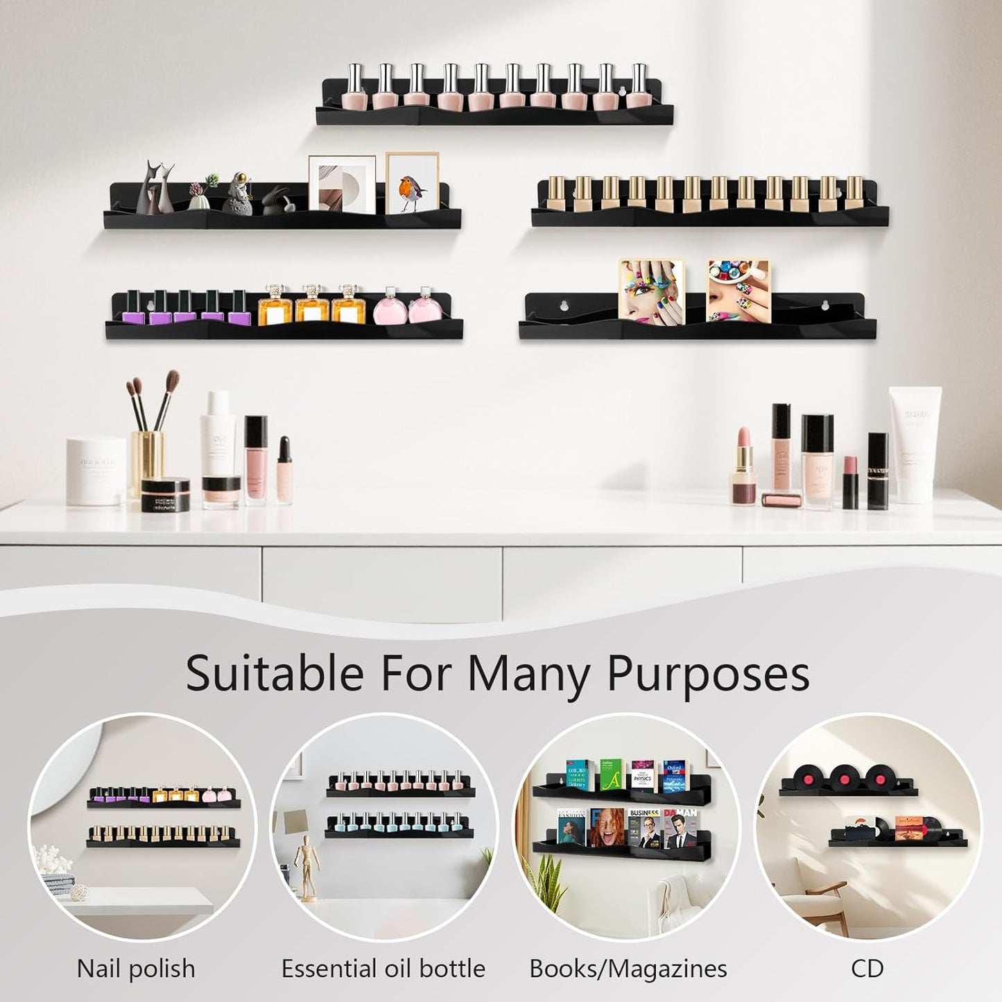 Skiennix Nail Polish Wall Rack - 6-Shelf Black Acrylic Display for Cosmetics & Essential Oils | 15-Inch