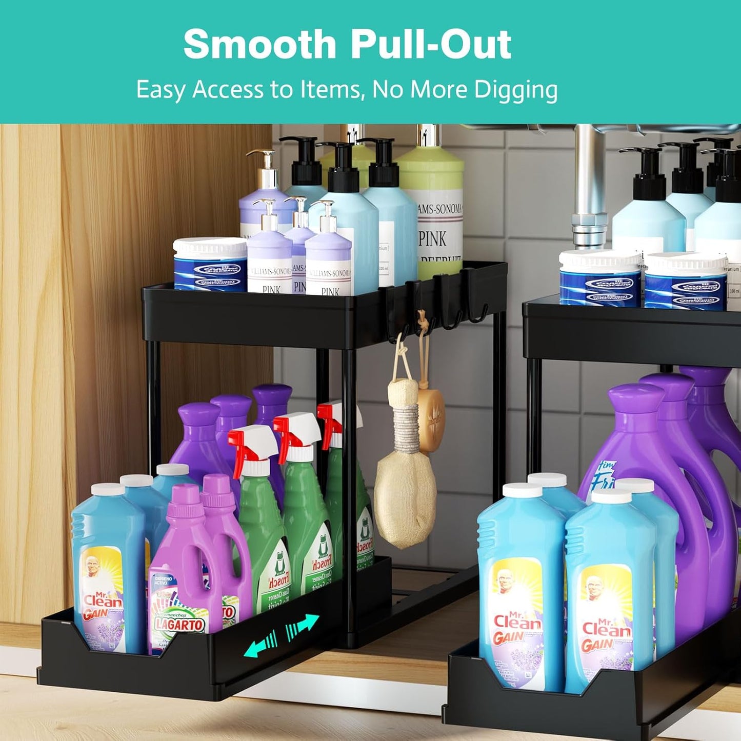 Under Sink Organizers by [Brand Name] - 2-Pack Pull-Out Sliding Cabinet Storage with 2-Tier Shelf & 4 Hooks | Multi-Purpose for Kitchen & Bathroom (13 Inch, Black)
