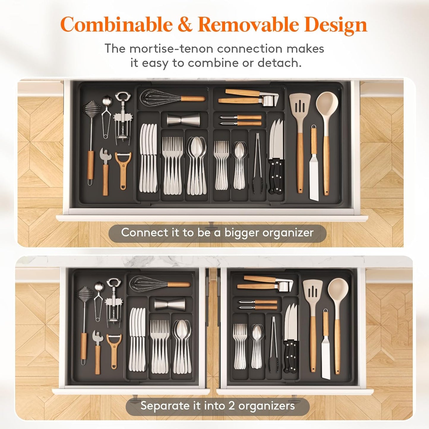 Lifewit Expandable Silverware Drawer Organizer - BPA-Free Plastic Utensil Tray for Kitchen | Adjustable Cutlery Holder (21.3-36 x 16.9", Black)