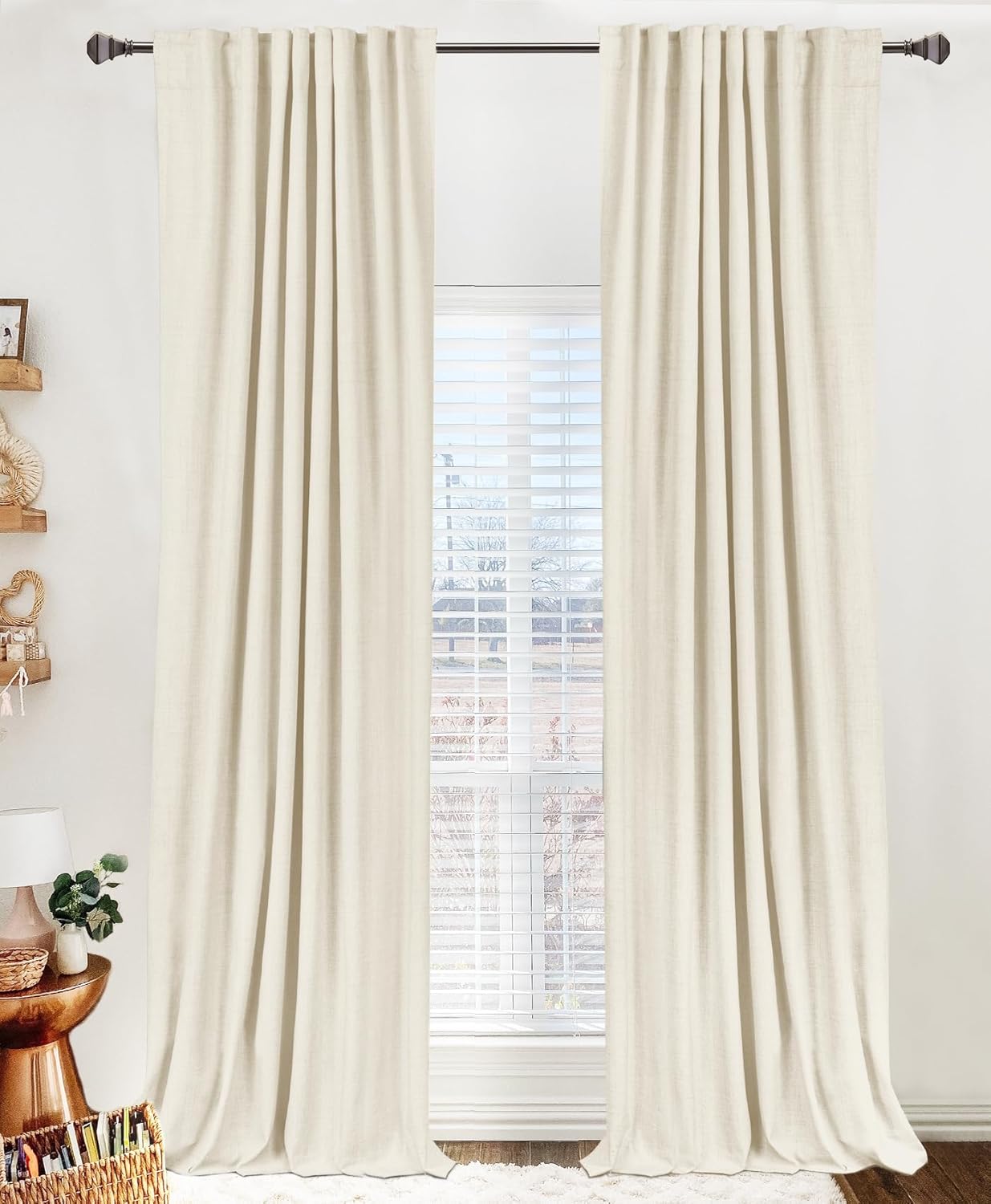 Skiennix 100% Blackout Linen Curtains - Thermal Insulated Drapes for Bedroom | 50" W x 84" L, Light Cream, 2 Panels Set