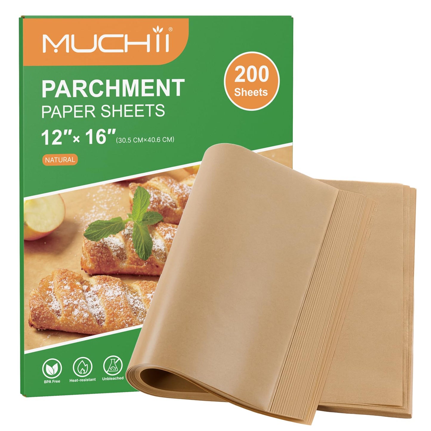 MUCHII 200 Pcs Parchment Paper Sheets, 12 x 16 Inch Precut Non-Stick Baking Parchment for Oven, Grilling, Steaming, Air Fryer, and Half Sheet Pans