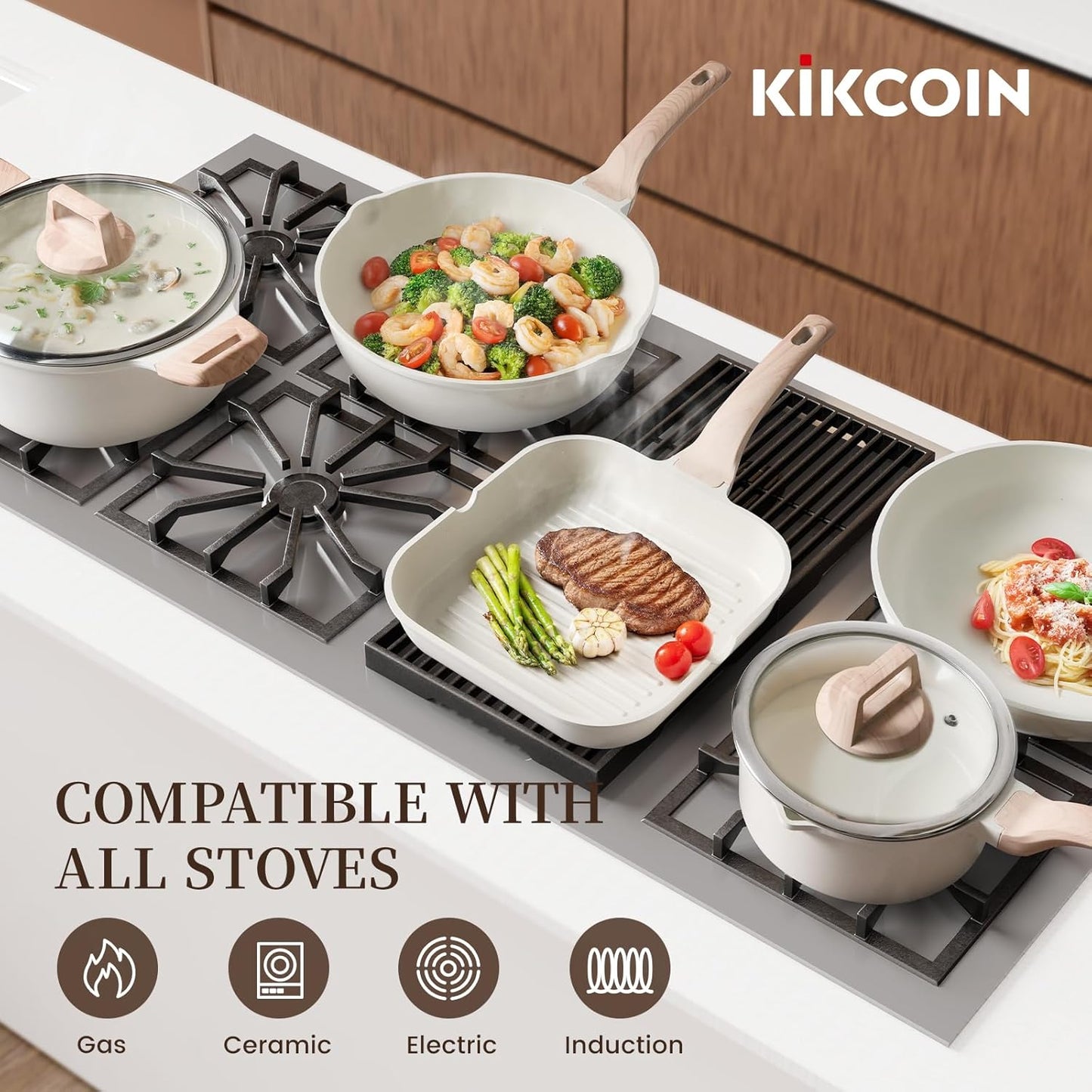 Kikcoin 16-Piece Non-Stick Ceramic Cookware Set - Induction-Ready Kitchen Pots & Pans, White