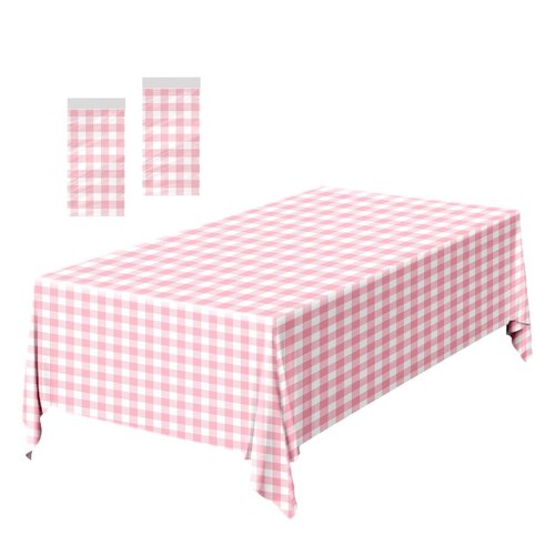 FALIZIFU 2 Pack Pink Gingham Tablecloth 54 × 108 Inch Pink and White Checkered Table Cloth Plastic Rectangle Table Cover for Picnic Birthday Wedding Baby Shower Party Gingham Tablecloth Diaposable