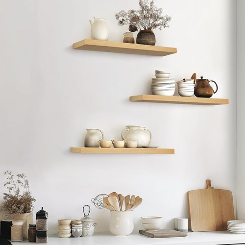 BAYKA Floating Shelves - Rustic Wood Wall Mounted Shelves for Bathroom & Living Room | Set of 3 (Light Oak, 22.5 Inches)