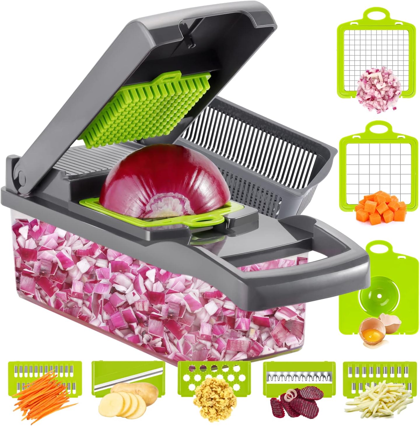 Ourokhome Vegetable Chopper - 12-in-1 Professional Mandoline Slicer with 8 Blades & Strainer Basket - Gray