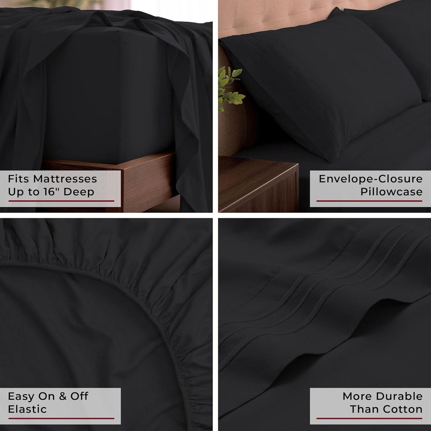 Mellanni King Sheets Set - 4 PC Hotel Luxury Bedding | Extra Soft, Cooling, Wrinkle-Resistant (King, Black)