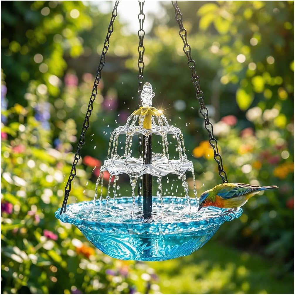 Skiennix Solar Hanging Hummingbird Bath Fountain - Glass Bowl Water Feature for Garden & Patio (Blue)