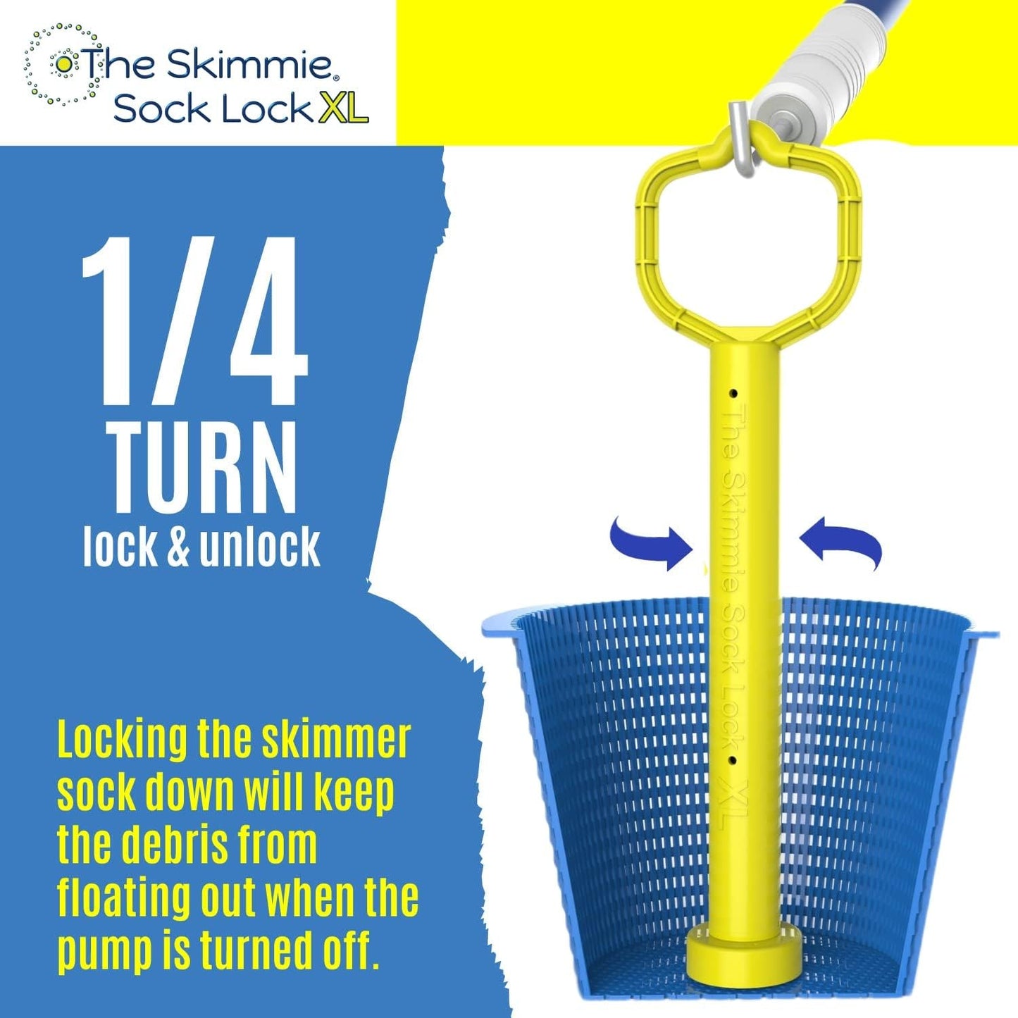 Skimmie Sock Lock XL - Weighted Pool Skimmer Basket Handle | Easy 1/4 Turn Removal | Securely Holds Skimmer Socks